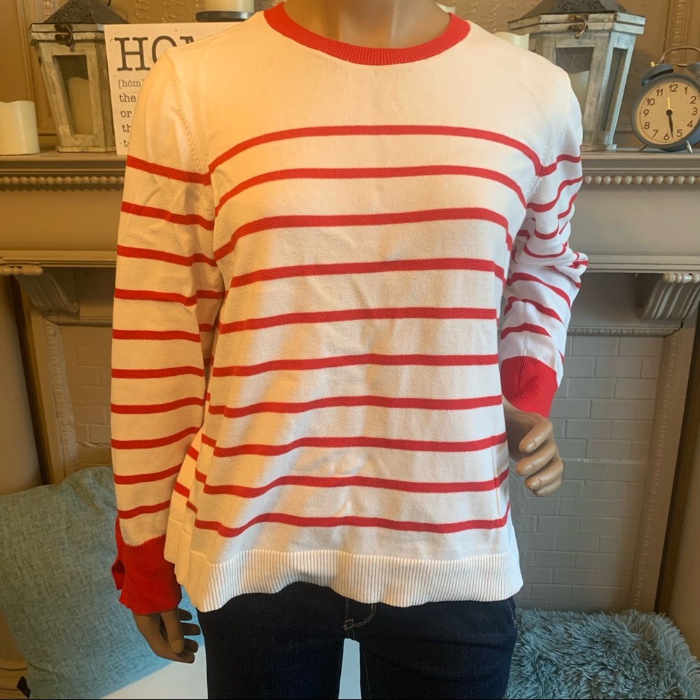 Off White and Red Strip Sweater with Button Detail on Sleeves from Loft